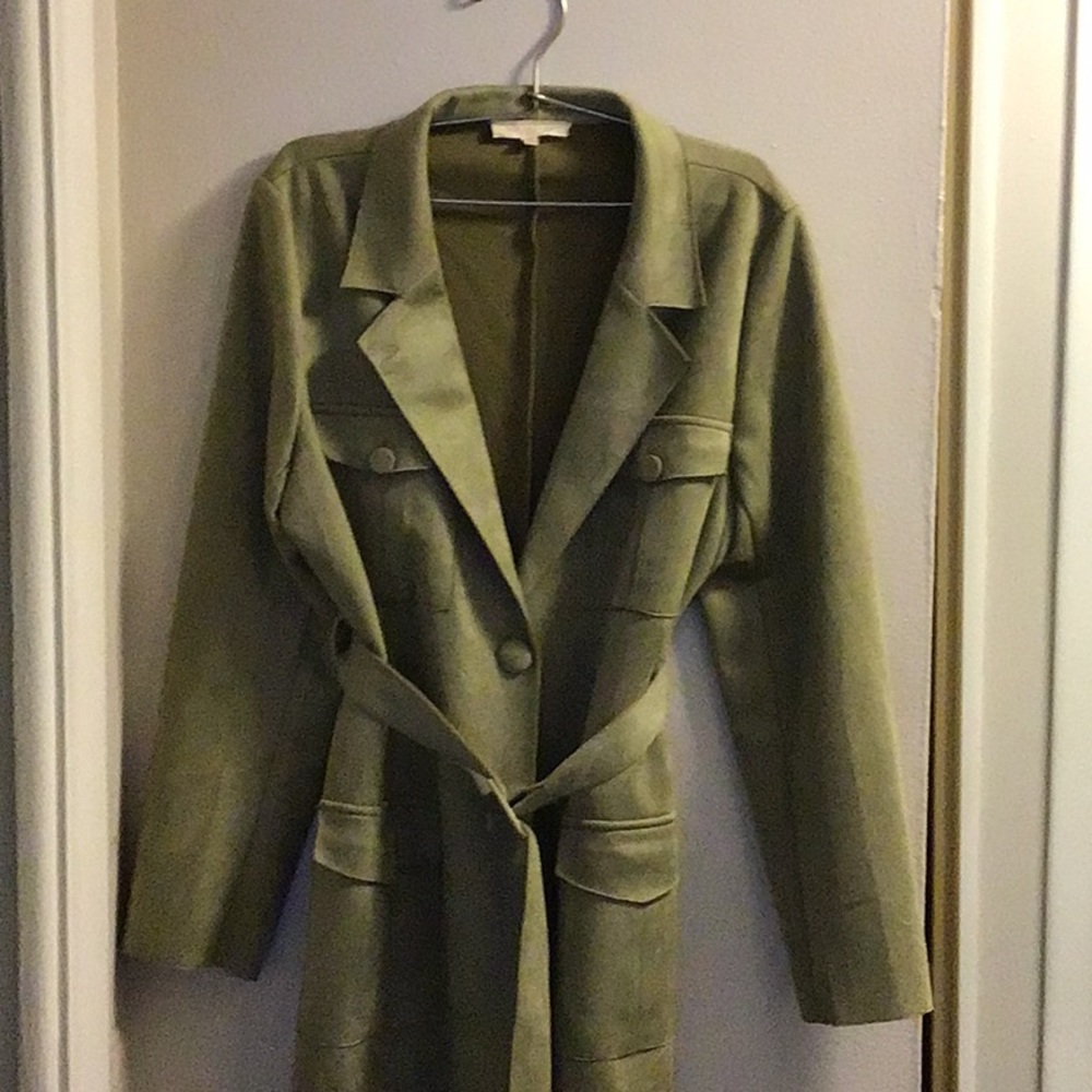 Solitaire Signature Faux Suede Tie Belt Trench Style Jacket
